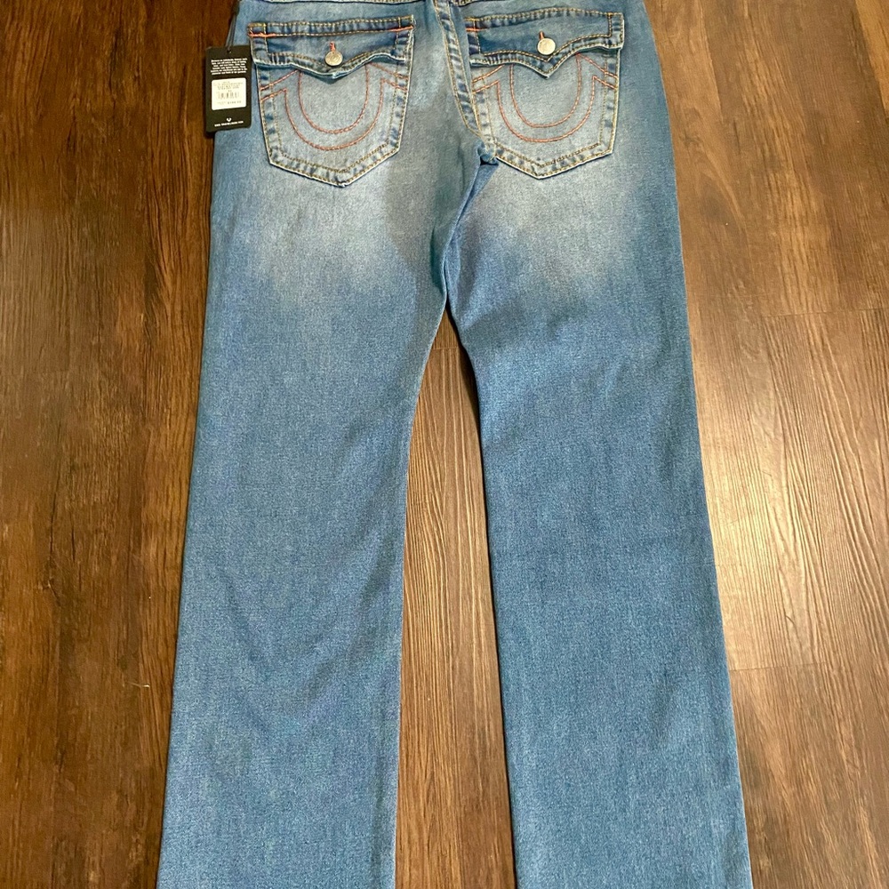 True Religion Blue Straight Jeans with Orange Decorative Stitching